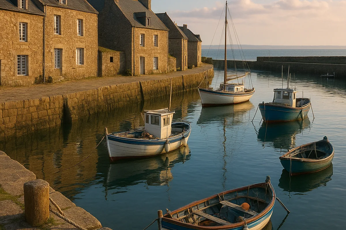 Petit port de granit en Normandie avec voiliers et bateaux au mouillage